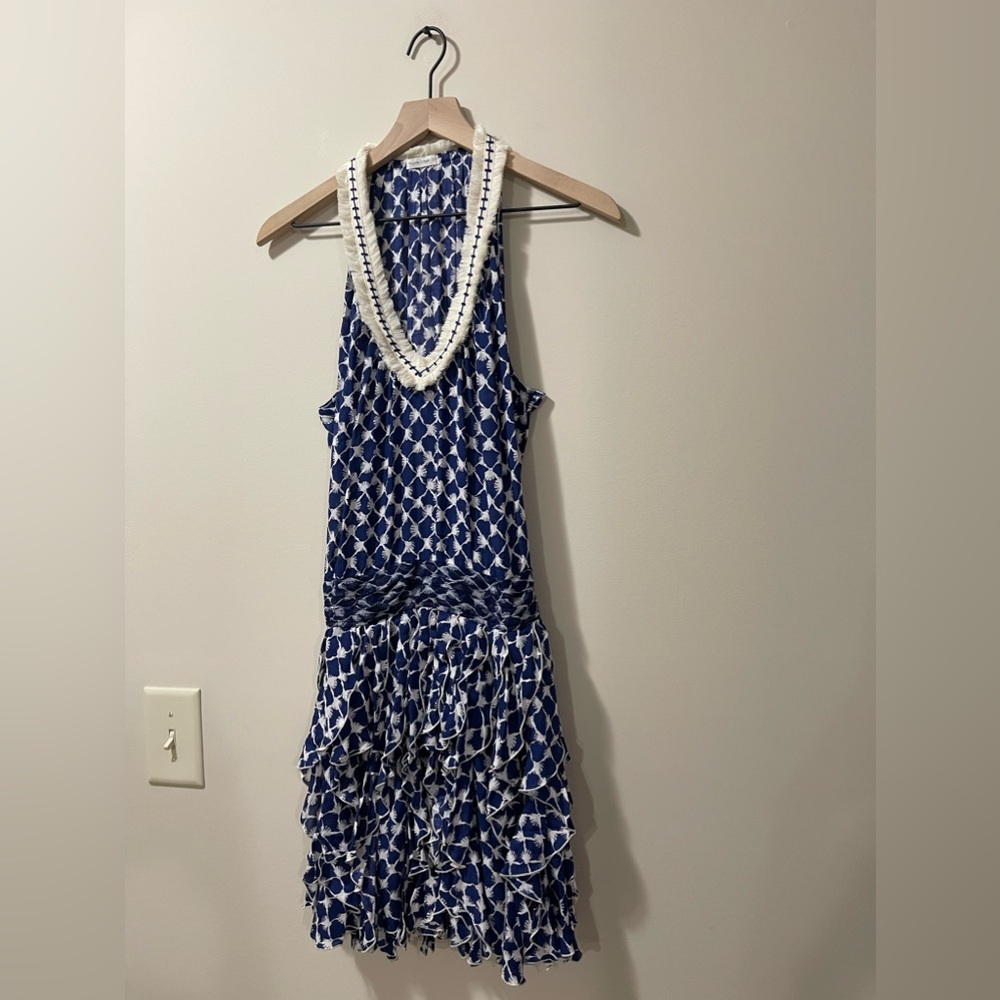 Poupette St Barth Blue & Cream Fringe Ruffle Fit & Flare Dress Size Small - Picture 5 of 10